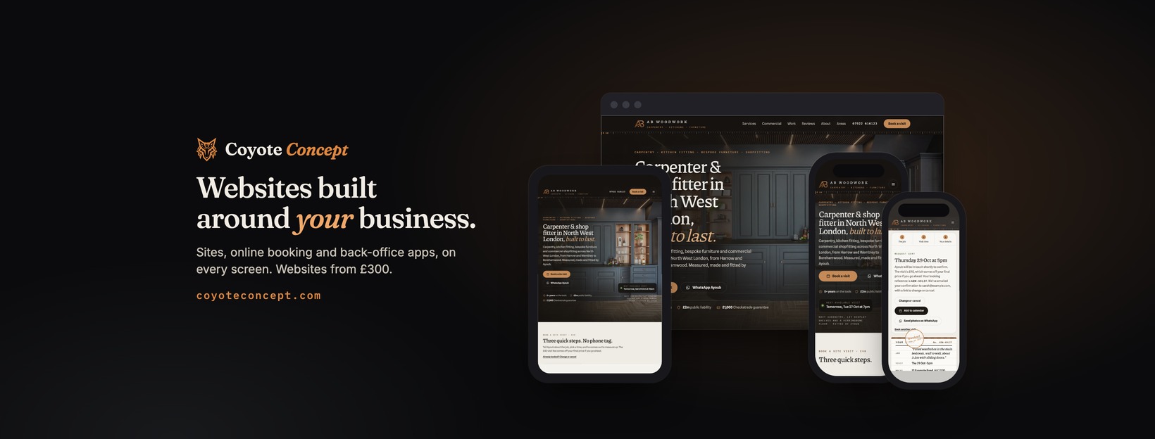 Our Facebook cover: Websites built around your business, with a carpenter's site on four devices
