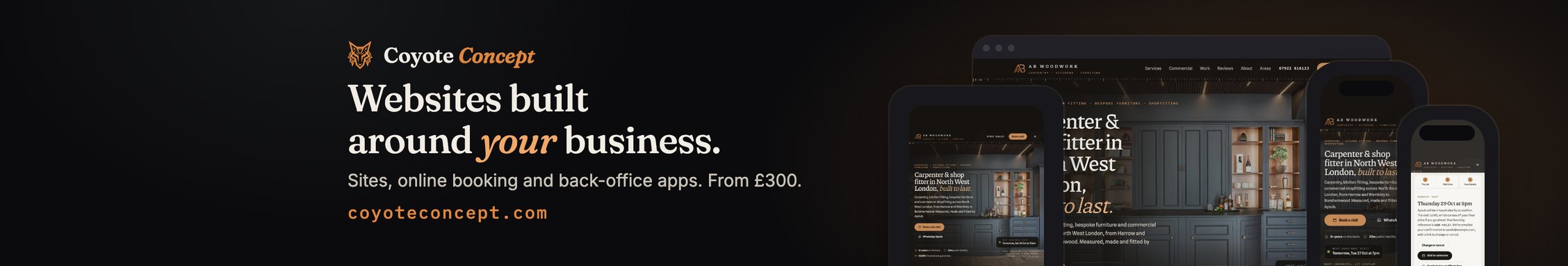 Our LinkedIn banner: a carpenter's website on desktop, tablet and phones