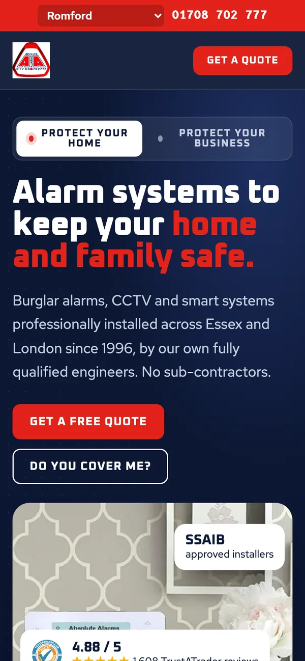 Absolute Alarms website on a phone