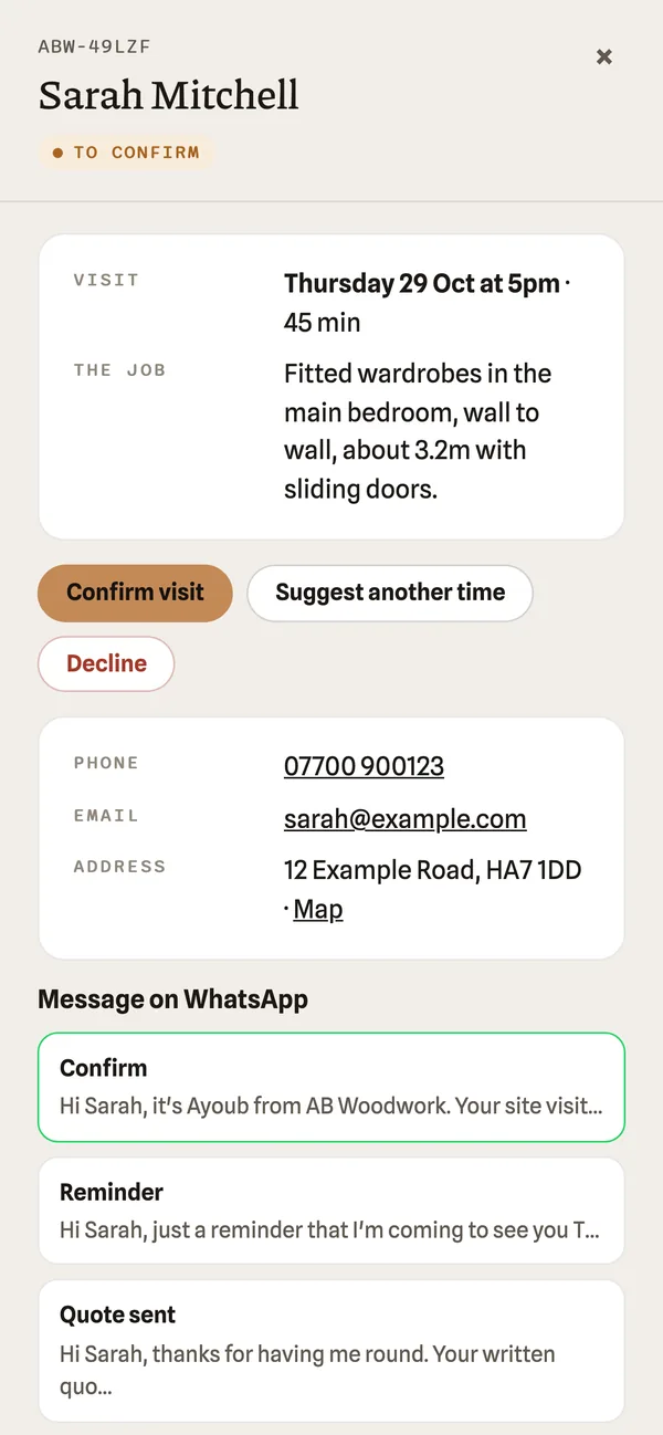 AB Woodwork on a phone: Confirm in one tap