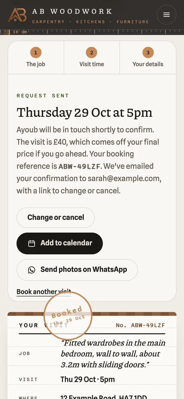 AB Woodwork on a phone: A site visit, booked