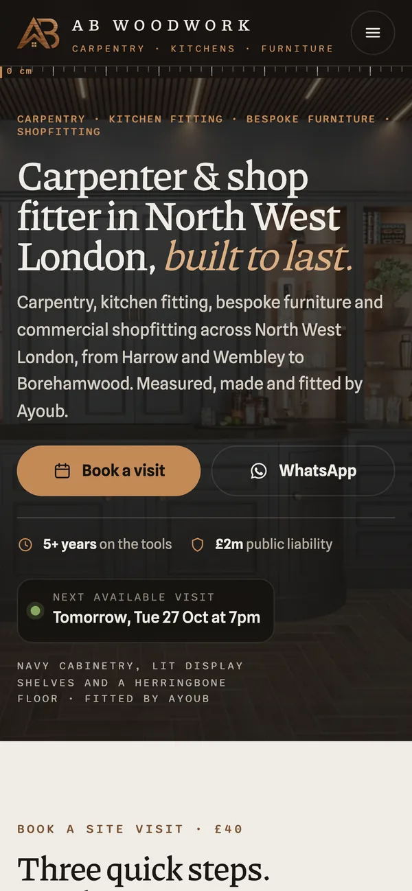AB Woodwork website on a phone
