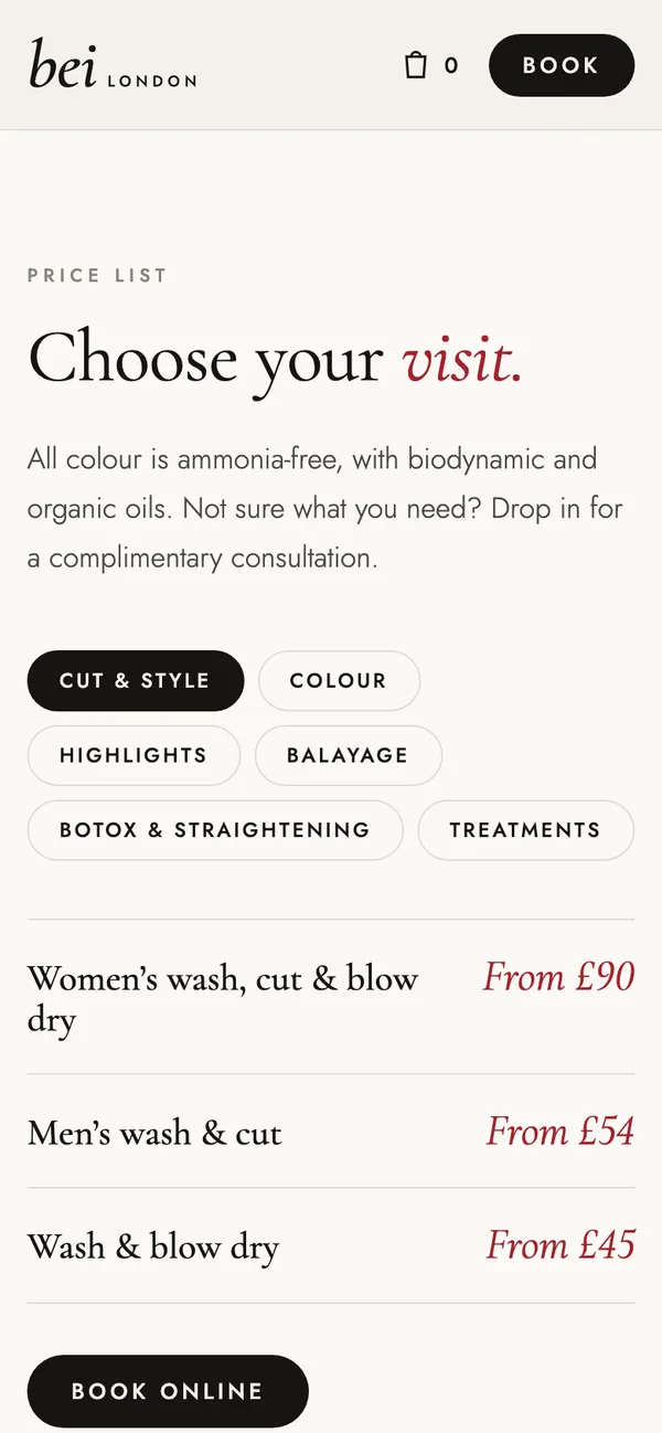 bei London on a phone: Price list