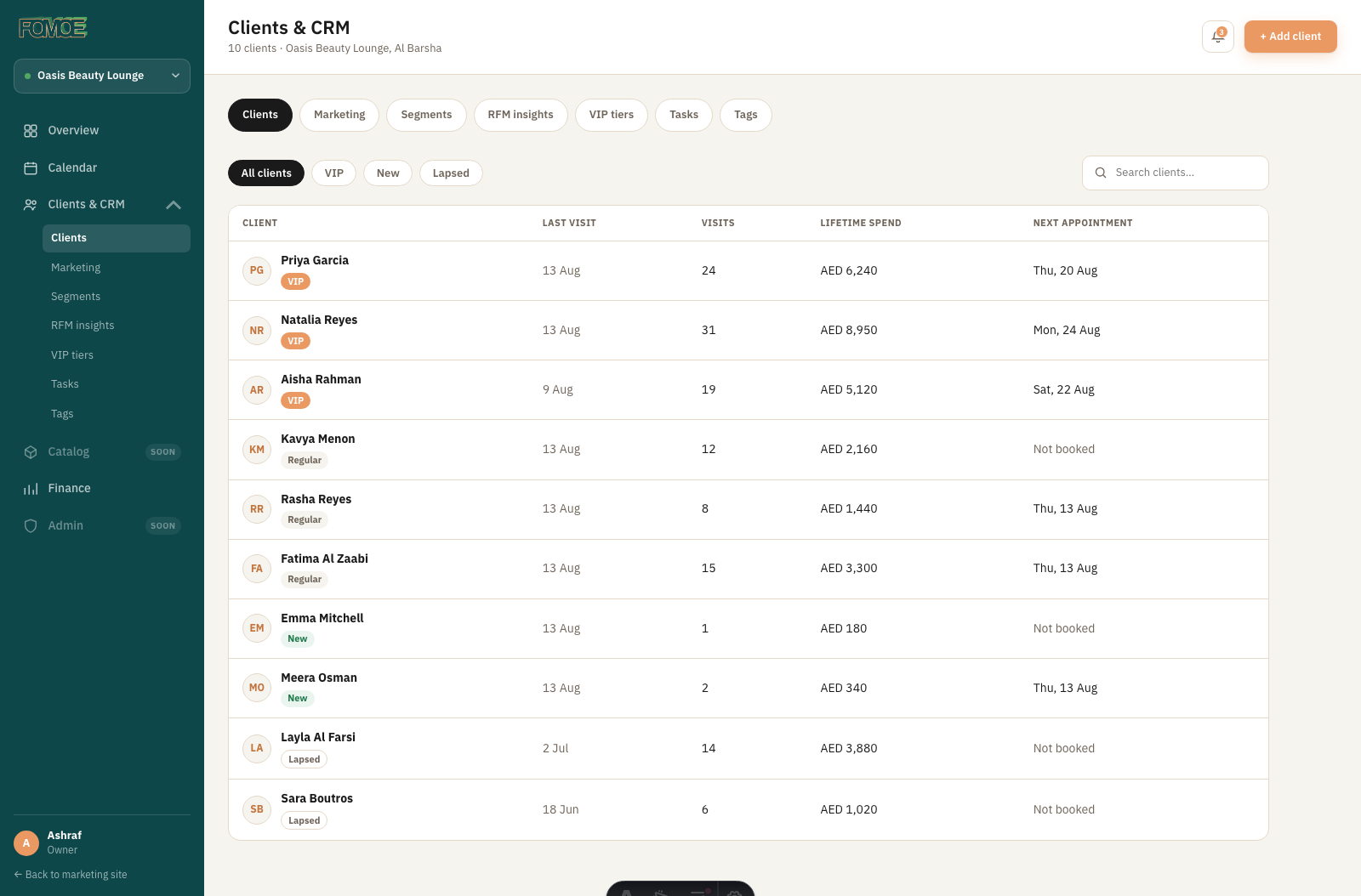 Dashboard — clients & CRM