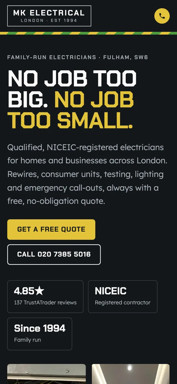 MK Electrical London on a phone: Hero