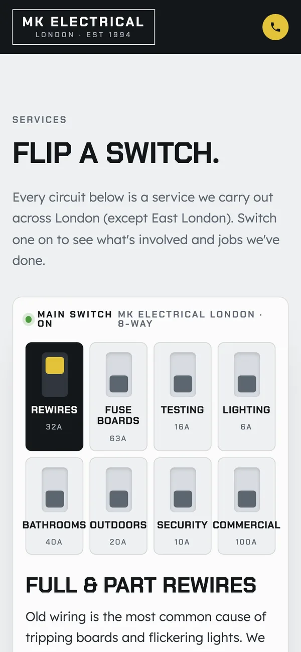 MK Electrical London on a phone: Service switchboard
