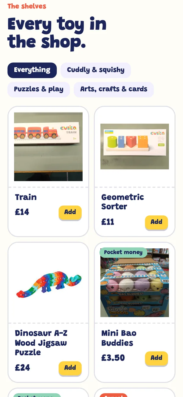Stokey Toy Shop on a phone: The shelves