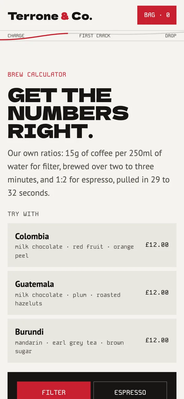 Terrone & Co. on a phone: Brew calculator