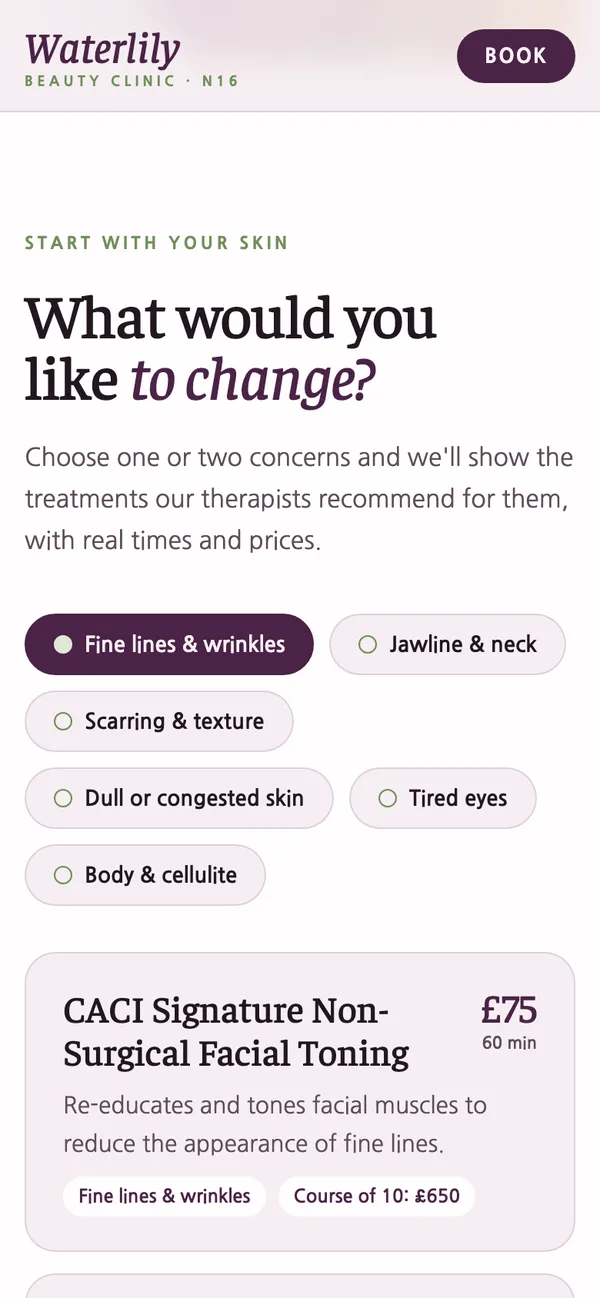 Waterlily Beauty Clinic on a phone: Treatment finder